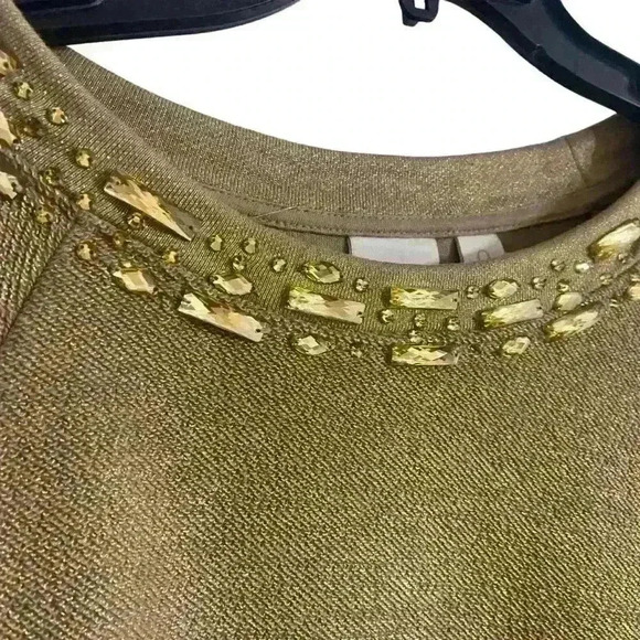 Chico's Gold Metallic Sweater Size 0 Jeweled Neckline 3/4 Sleeve Shimmer Holiday - Picture 2 of 15